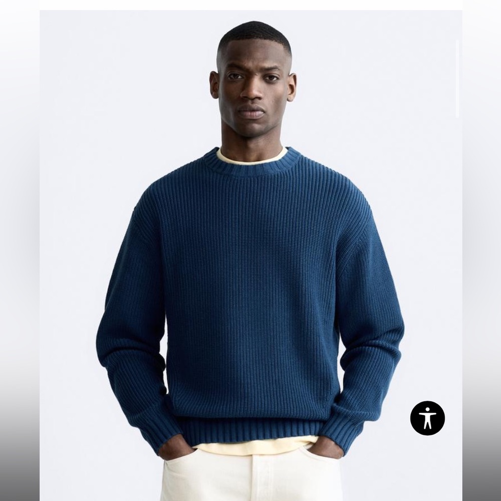 XL Men’s Blue Ribbed Textured Cotton Crewneck Sweater